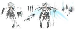 Rule 34 | 1girl, arceonn, armor, back, blue eyes, boots, borrowed character, breasts, concept art, elbow gloves, energy wings, eyepatch, faulds, funnels (gundam), gauntlets, gloves, high ponytail, leotard, md5 mismatch, multiple views, original, polearm, silver hair, small breasts, thigh boots, thighhighs, weapon, white gloves, white thighhighs