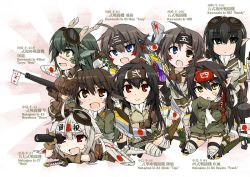 Rule 34 | 6+girls, aircraft, airplane, bad id, bad pixiv id, bandages, blue eyes, brown eyes, brown hair, character name, chibi, dakku (ogitsune), gloves, goggles, green eyes, headband, heterochromia, horns, imperial japanese army, japanese flag, long hair, mecha musume, military, military uniform, multiple girls, original, personification, pinky out, pointy ears, red eyes, short hair, siblings, sisters, skirt, sword, thighhighs, uniform, weapon, world war ii, yellow eyes