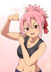 Rule 34 | 1girl, :d, akamine yuuna, arm up, bare arms, bare shoulders, black sports bra, black tank top, blush, breasts, cleavage, clenched hand, collarbone, crop top, dark-skinned female, dark skin, dayvigocharger, flexing, folded ponytail, gradient background, hair between eyes, hair ornament, hair ribbon, hairclip, hand up, headband, highres, large breasts, looking at viewer, medium breasts, midriff, navel, open mouth, pants, pink background, pink hair, ponytail, red eyes, red headband, red ribbon, ribbon, shorts, sidelocks, smile, solo, sports bra, standing, stomach, tank top, teeth, upper body, upper teeth only, white background, yuuki yuuna wa yuusha de aru, yuusha de aru