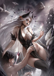 Rule 34 | 1boy, 1girl, aleriia v, arrow (projectile), black dress, black hair, black lips, black wings, blurry, blurry background, breasts, breasts apart, dress, earrings, feathers, grey eyes, grey hair, hand on another&#039;s head, highres, jewelry, large breasts, long hair, looking away, makeup, orb, original, overcast, pointy ears, skindentation, sky, sleeveless, sunlight, thighhighs, very long hair, wings