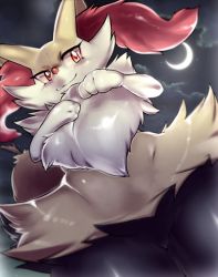 Rule 34 | 10s, animal ear fluff, animal ears, animal nose, bad id, bad pixiv id, blush, body fur, braixen, cloud, cloudy sky, creatures (company), crescent moon, fox, fox ears, fox tail, from below, furry, furry female, game freak, gen 6 pokemon, ibushiro, moon, navel, night, night sky, nintendo, pokemon, pokemon (creature), pokemon xy, red eyes, sky, smile, snout, solo, star (sky), starry sky, stick, tail