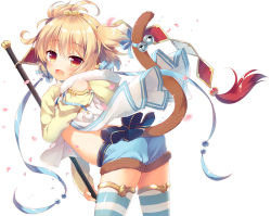 Rule 34 | 10s, 1girl, :d, andira (granblue fantasy), animal ears, ass, beads, bell, bent over, blonde hair, blue bow, blue ribbon, blue shorts, blush, bow, cowboy shot, detached sleeves, diamond (shape), earrings, erune, eyebrows, fur trim, granblue fantasy, hair ornament, hairband, holding, holding staff, holding weapon, hood, hood down, jewelry, jingle bell, long sleeves, looking at viewer, looking back, monkey ears, monkey tail, open mouth, pom pom (clothes), red eyes, ribbon, sazaki ichiri, short hair, shorts, sleeves past wrists, smile, solo, staff, striped clothes, striped thighhighs, tail, tail bell, tail ornament, tail ribbon, tassel, thighhighs, thighlet, thighs, two side up, weapon, wind