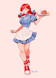 Rule 34 | 1girl, blue eyes, bow, braid, burger, callan (callancoe), cup, disposable cup, dress, female focus, food, freckles, french fries, full body, hair bow, holding, long hair, looking at viewer, pink background, puffy sleeves, red hair, simple background, socks, solo, striped clothes, striped dress, striped legwear, striped socks, tray, twin braids, twintails, vertical stripes, wendy&#039;s, wendy (wendy&#039;s)