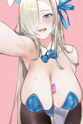 Rule 34 | 1girl, animal ears, armpits, asuna (blue archive), asuna (bunny) (blue archive), asymmetrical bangs, bare shoulders, between breasts, blue archive, blue bow, blue bowtie, blue eyes, blue leotard, blue ribbon, blush, bow, bowtie, breasts, brown pantyhose, cleavage, collarbone, condom, condom wrapper, detached collar, fake animal ears, gloves, hair ornament, hair over one eye, hair ribbon, heavy breathing, highres, large breasts, leotard, light brown hair, long bangs, long hair, looking at viewer, mole, mole on breast, official alternate costume, open mouth, pantyhose, pink background, playboy bunny, rabbit ears, rapapa, ribbon, simple background, skindentation, smile, solo, strapless, strapless leotard, sweat, teeth, thighs, tongue, traditional bowtie, upper teeth only, white gloves