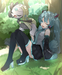 Rule 34 | 1girl, against tree, black footwear, boots, bush, commentary, creatures (company), crossover, day, game freak, gen 5 pokemon, grass, green hair, green nails, hatsune miku, highres, holding, holding paper, legendary pokemon, long hair, lower teeth only, meloetta, music, musical note, mythical pokemon, nail polish, nintendo, one eye closed, open mouth, outdoors, paper, pokemon, pokemon (creature), reirou (chokoonnpu), shiny skin, singing, sitting, symbol-only commentary, teeth, thigh boots, thighhighs, tongue, tree, vocaloid