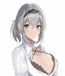 Rule 34 | 1girl, alternate costume, alternate hairstyle, black bra, blush, bra, breasts, casual, cleavage, green eyes, hair up, hairband, highres, hololive, large breasts, looking at viewer, shirogane noel, shirt, short hair, silver hair, simple background, smile, solo, tagicrabbu, underwear, virtual youtuber, white shirt