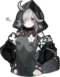 Rule 34 | 1girl, :&gt;, ahoge, arknights, black hair, black outline, black sleeves, blush, braid, breasts, covered navel, crocodilian tail, cropped torso, detached sleeves, dress, flower, goggles, goggles around neck, green dress, grey hair, hands on own hips, hip vent, hood, hood up, idashige (walkietalkie), multicolored hair, outline, pointy ears, single braid, small breasts, smug, solo, tail, tomimi (arknights), two-tone hair, upper body, white background, yellow eyes
