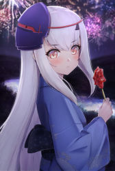 Rule 34 | 1girl, :&lt;, absurdres, alternate costume, berserker (fate/zero), blue kimono, blush, character mask, closed mouth, commentary request, melusine (fate), fate/grand order, fate (series), fireworks, food, hair between eyes, highres, holding, holding food, japanese clothes, kimono, long hair, looking at viewer, mask, mask on head, night, obi, outdoors, particle sfs, sash, solo, very long hair, white hair, wide sleeves, yellow eyes, yukata