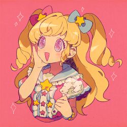 Rule 34 | 1girl, :d, blonde hair, blue bow, blue sailor collar, blush, bow, center frills, commentary request, cropped torso, frills, hair bow, hair ornament, hand on own cheek, hand on own face, hand up, holding, holding spoon, idol time pripara, katupuraamen, long hair, open mouth, pink background, pink bow, pink eyes, pink shirt, pretty series, pripara, rice, ringlets, sailor collar, shirt, short sleeves, simple background, smile, solo, spoon, star (symbol), star hair ornament, two side up, upper body, yumekawa yui