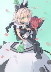 Rule 34 | 1girl, ahoge, amatuki, animal ears, back, belt, breasts, chain, clover, collar, dress, elphelt valentine, fake animal ears, flower, four-leaf clover, from behind, green background, green eyes, grey hair, guilty gear, guilty gear xrd, highres, huge ahoge, jewelry, large breasts, long sleeves, looking at viewer, looking back, petals, rabbit ears, red flower, red rose, rose, solo, spiked collar, spikes, wedding dress
