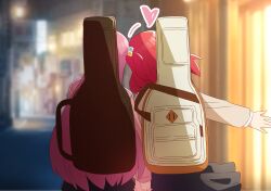 Rule 34 | 2girls, blurry, blurry foreground, bocchi the rock!, commentary request, cowboy shot, cube hair ornament, from behind, gotoh hitori, grey skirt, guitar case, hair ornament, heart, highres, holding hands, instrument case, jacket, kita ikuyo, long hair, medium hair, multiple girls, okayu (joneydcd), one side up, pink hair, pink jacket, pleated skirt, red hair, school uniform, shuka high school uniform, skirt, very long hair, yuri