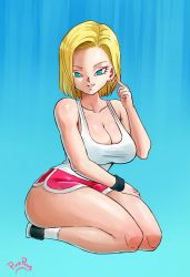 Rule 34 | 1girl, alternate costume, android 18, ass, bare arms, bare shoulders, blonde hair, blue background, blue eyes, breasts, cleavage, dragon ball, dragonball z, earrings, facing viewer, female focus, full body, gradient background, grin, highres, huge ass, jewelry, looking at viewer, pinkpawg, seiza, shirt, short hair, short shorts, shorts, simple background, sitting, smile, solo, sportswear, tank top, thick thighs, thighs, white shirt, white tank top, wide hips