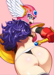 Rule 34 | 1girl, armor, ass, bikini armor, blue eyes, breasts, dragon quest, dragon quest iii, elbow gloves, gloves, helmet, large breasts, long hair, looking at viewer, maruta kentarou, open mouth, purple hair, red armor, shield, simple background, soldier (dq3), solo, sword, weapon, winged helmet