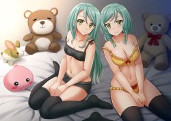 Rule 34 | 2girls, bang dream!, bare arms, bare shoulders, bed sheet, between legs, black bra, black legwear, black panties, blush, bow, bow bra, bow panties, bra, braid, breasts, cleavage, closed mouth, collarbone, commentary, english commentary, green eyes, green hair, hair between eyes, hair bow, hand between legs, highres, hikawa hina, hikawa sayo, kazenokaze, long hair, medium breasts, multiple girls, navel, no shoes, panties, red bow, siblings, side braids, sisters, sitting, small breasts, smile, strap slip, stuffed animal, stuffed rabbit, stuffed toy, teddy bear, thighhighs, twin braids, twins, underwear, underwear only, very long hair, wariza, yellow bow, yellow bra, yellow panties