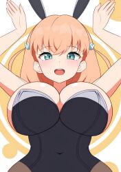 Rule 34 | 1girl, absurdres, blonde hair, breasts, cleavage, green eyes, hair ornament, highres, hinoshita kaho, large breasts, link! like! love live!, long hair, looking at viewer, love live!, nemaki 9, open mouth, rabbit, rabbit ears, smile, solo