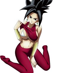 Rule 34 | 10s, 1girl, armband, bare shoulders, black eyes, black hair, breasts, curvy, dragon ball, dragon ball super, earrings, female focus, fusion, jewelry, kefla (dragon ball), kneeling, large breasts, shirt lift, pants, potara earrings, red pants, red shirt, saiyan, shirt, simple background, solo, spiked hair, stomach, white background, wristband