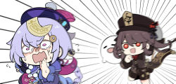 Rule 34 | bead necklace, beads, braid, braided ponytail, brown hair, chasing, cheschorv, chibi, fleeing, genshin impact, ghost, hat, highres, hu tao (genshin impact), jewelry, jiangshi, long sleeves, motion lines, necklace, open mouth, purple eyes, purple hair, qiqi (genshin impact), red eyes, scared, smile, sweatdrop, twintails, wavy mouth, wide-eyed