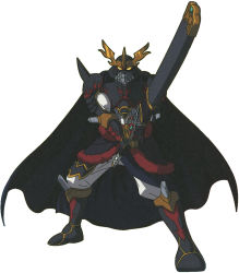 Rule 34 | 00s, 1boy, armor, artist request, black cape, cape, digimon, digimon (creature), digimon xros wars, fighting stance, full armor, highres, holding, holding sword, holding weapon, horns, looking at viewer, official art, samurai, scan, shoulder armor, simple background, solo, standing, sword, tactimon, weapon, white background