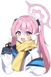 Rule 34 | + +, 1girl, black gloves, blue archive, fang, fingerless gloves, gloves, hair between eyes, halo, highres, jacket, koyuki (blue archive), long sleeves, murase48, open mouth, pink eyes, pink hair, scarf, simple background, skin fang, solo, twintails, v, white background, white jacket, yellow scarf