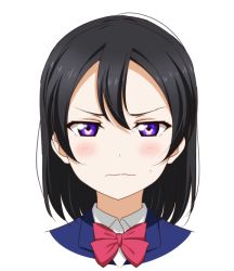 Rule 34 | 1girl, anibache, black hair, blush, commentary, embarrassed, frown, looking at viewer, love live!, love live! sunshine!!, love live! sunshine!! the school idol movie over the rainbow, portrait, purple eyes, school uniform, short hair, solo, watanabe tsuki, wavy mouth, white background