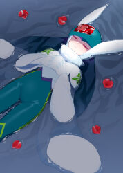 Rule 34 | 1girl, closed eyes, commentary request, eyelashes, gem, green hair, helmet, highres, hitotose9, in water, long hair, long sleeves, mega man (series), mega man battle network, mega man battle network (series), own hands together, petals, skin tight, slur.exe (mega man), solo