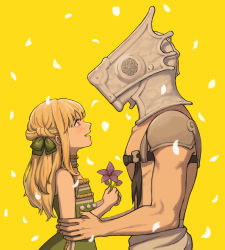 Rule 34 | 1boy, 1girl, armor, blonde hair, bow, braid, commentary, dress, facing another, flower, flower request, french braid, fumetsu no anata e, green bow, green dress, gugu (fumetsu no anata e), hair bow, headgear, height difference, holding, holding flower, loincloth, long hair, looking at another, mochi risu, muscular, muscular male, open mouth, petals, pom pom (clothes), purple eyes, rean cropp, shoulder armor, simple background, smile, strapless, strapless dress, striped choker, topless male, yellow background
