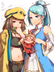 Rule 34 | 2girls, artist self-insert, bare shoulders, blue eyes, blue hair, boss (ole tower), cabbie hat, cross, detached sleeves, hair ornament, hair stick, hairclip, hat, mataichi mataro, multiple girls, navel, ole tower, open clothes, open mouth, scarf, short hair, simple background, triangular file (ole tower), white background