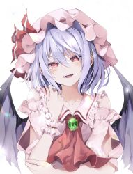 Rule 34 | 1girl, :d, adapted costume, arm under breasts, ascot, bare shoulders, bat wings, blue hair, brooch, flat chest, frilled shirt collar, frills, glint, hair between eyes, hand up, hat, head tilt, highres, hyurasan, jewelry, looking at viewer, mob cap, open mouth, pink eyes, red ascot, remilia scarlet, simple background, smile, solo, teeth, touhou, upper body, white background, wings