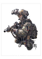 Rule 34 | 1other, 2023, ambiguous gender, ammunition pouch, assault rifle, backpack, bag, black gloves, body armor, brown gloves, brown headwear, buckle, bundeswehr, camouflage, camouflage jacket, carabiner, chin strap, colored pencil (medium), combat helmet, commentary, covered face, cropped torso, dutch angle, english commentary, english text, facebook username, framed, from side, german army, german commentary, german flag, germany, gloves, glowstick, green jacket, grey eyes, grey mask, gun, gun sling, h&amp;k hk416, headset, helmet, heraldry, highres, holding, holding gun, holding weapon, jacket, kanji, latin commentary, load bearing equipment, load bearing vest, long sleeves, looking ahead, magazine (weapon), mar-c!, mask, microphone, military, military jacket, military operator, mixed-language commentary, mixed media, multicolored clothes, multicolored jacket, night vision device, optical sight, original, other focus, painting (medium), patch, pen, photo-referenced, photoshop (medium), pocket, pouch, realistic, rifle, safety glasses, shoulder patch, signature, simple background, snap-fit buckle, solo, suppressor, tattoo, traditional media, triangle, two-tone gloves, uniform, upper body, watercolor (medium), watermark, weapon, white background, zipper