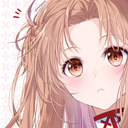 Rule 34 | 1girl, asuna (sao), blush, braid, brown eyes, brown hair, commentary, french braid, head only, high collar, highres, istriri, long hair, looking at viewer, notice lines, solo, sword art online, twitter username, white background