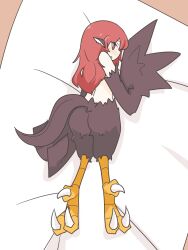 Rule 34 | 1girl, animal ears, ass, big o pants, bird ears, bird legs, bird tail, black feathers, black wings, blush, bright pupils, feathers, fio-chan (big o pants), harpy, highres, long hair, looking at viewer, looking back, monster girl, nude, on bed, open mouth, original, red eyes, red hair, solo, tail, talons, white pupils, winged arms, wings
