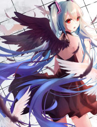 Rule 34 | 1girl, blue hair, bokujuu, dress, feathers, gradient hair, green hair, hatsune miku, highres, long hair, multicolored hair, open mouth, red eyes, solo, twintails, very long hair, vocaloid, wings