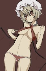 Rule 34 | 1girl, arudente, bad id, bad pixiv id, bikini, blonde hair, blush stickers, breasts, criss-cross halter, finger to chest, flandre scarlet, halterneck, looking at viewer, lowleg, midriff, navel, o-ring, o-ring top, red bikini, red eyes, short hair, solo, stomach, swimsuit, touhou, underboob, wings