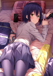 Rule 34 | 1girl, bag, bed, black pantyhose, blue hair, blue skirt, blush, breasts, brown eyes, cellphone, closed mouth, controller, game controller, hair between eyes, highres, holding, long sleeves, looking at viewer, looking back, lying, medium breasts, nijisanji, on bed, on stomach, pantyhose, phone, pillow, plaid, plaid pillow, pleated skirt, school bag, school uniform, shirt, shizuka rin, short hair, skirt, smile, solo, sweater, unworn sweater, virtual youtuber, white shirt, yellow sweater, yuuri nayuta
