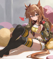 Rule 34 | 1girl, animal ears, belt, belt buckle, black thighhighs, blush, bomber jacket, breasts, brown eyes, brown hair, buckle, collarbone, crop top, feipin zhanshi, full body, fur collar, green jacket, grin, hair between eyes, hand on own leg, hand up, heart, highres, horse ears, horse girl, horse tail, indoors, jacket, knee up, long hair, long sleeves, looking at viewer, mayano top gun (umamusume), medium breasts, navel, one eye closed, open clothes, open hand, open jacket, open mouth, patch, ribbon, shorts, sidelocks, sitting, sleeve cuffs, smile, solo, stomach, striped clothes, striped thighhighs, tail, thighhighs, two side up, umamusume