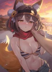Rule 34 | 1boy, 1girl, animal ear fluff, animal ears, beach, bikini, bikini under shorts, blue archive, blush, breasts, brown hair, cleavage, commentary, denim, denim shorts, flower, fox ears, fox tail, gijang, hair flower, hair ornament, halo, hand on another&#039;s face, highres, izuna (blue archive), izuna (swimsuit) (blue archive), looking at viewer, medium breasts, navel, official alternate costume, outdoors, pov, pov hands, red scarf, scarf, sensei (blue archive), shorts, stomach, striped bikini, striped clothes, sunset, sweat, swimsuit, tail, visor cap, yellow eyes