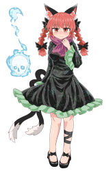 Rule 34 | 1girl, animal ear fluff, animal ears, black dress, black ribbon, blush, braid, breasts, cat ears, cat tail, chups, closed mouth, commentary, dress, extra ears, frilled dress, frills, full body, hand on own chin, highres, hitodama, kaenbyou rin, leg ribbon, long hair, long sleeves, looking at viewer, mary janes, medium breasts, multiple tails, nail polish, nekomata, no socks, nose blush, red eyes, red hair, red nails, ribbon, shoes, simple background, skull, solo, tail, touhou, twin braids, twintails, two tails, wavy mouth, white background, wide sleeves