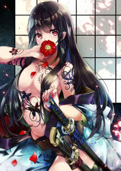 Rule 34 | 07touka25, black hair, breasts, covered mouth, covering own mouth, flower, hair between eyes, hair over breasts, highres, japanese clothes, katana, kimono, long hair, medium breasts, navel, original, petals, red eyes, sheath, sheathed, shouji, sliding doors, sword, tattoo, topless, weapon