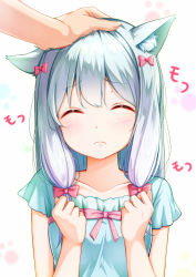 Rule 34 | 10s, 1girl, animal ears, blouse, blue shirt, blush, bow, cat ears, closed eyes, closed mouth, commentary request, eromanga sensei, hair bow, hands up, headpat, izumi sagiri, na53, out of frame, pink bow, shirt, short sleeves, silver hair, solo focus, upper body