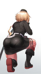 1girl absurdres ass ass_focus black_footwear black_hat black_skirt blonde_hair boots commentary_request from_behind garrison_cap girls&#039;_frontline goddess_of_victory:_nikke gun hat highres holding holding_gun holding_weapon knee_boots meme military_uniform mp40 mp40_(girls&#039;_frontline) nikke&#039;s_shooting_pose_(meme) pantylines parody saber_(weapon) short_hair simple_background skirt solo submachine_gun sword toryu_fufu weapon white_background