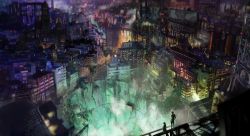 Rule 34 | 1boy, 1girl, chromatic aberration, city lights, cityscape, facing away, fantasy, highres, looking away, looking down, mixed-sex bathing, nurie (siniariot), onsen, original, scenery, shared bathing, short hair, stairs, wallpaper, water
