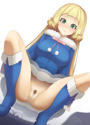 Rule 34 | 1girl, absurdres, blonde hair, blue footwear, blue jacket, blush, boots, braid, breasts, censored, closed mouth, commentary request, creatures (company), eyelashes, female pubic hair, from below, fur-trimmed boots, fur trim, game freak, green eyes, highres, jacket, lillie (pokemon), long hair, looking at viewer, mosaic censoring, neck ribbon, nintendo, no panties, pink ribbon, pokemon, pokemon (anime), pokemon journeys, pokemon swsh111, pubic hair, pussy, raised eyebrows, ribbon, solo, spread legs, squatting, yurimaki