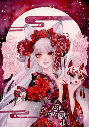 Rule 34 | 1girl, absurdres, animal ears, bell, blunt bangs, bow, braid, commentary, english commentary, finger to own chin, flower, fox ears, fox girl, fox mask, fox tail, grey hair, hair flower, hair ornament, heterochromia, highres, holding, holding mask, japanese clothes, jingle bell, kimono, ladyyin, long fingers, long hair, long sleeves, looking at viewer, mask, multiple tails, open mouth, orange eyes, original, painting (medium), pink flower, pointing, print kimono, red bow, red eyes, red flower, red kimono, smile, solo, tail, tassel, teeth, traditional media, twin braids, very long hair, watercolor (medium), wide sleeves