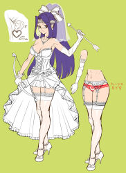 Rule 34 | :&lt;, alternate costume, arrow (projectile), blush, bow (weapon), breasts, bridal veil, bride, candy, character sheet, cleavage, dress, elbow gloves, embarrassed, food, garter straps, gloves, green eyes, high heels, highleg, highleg panties, highres, holding, holding weapon, large breasts, lilith-soft, lollipop, long hair, miniskirt, multiple views, navel, official alternate costume, official art, open mouth, panties, ponytail, purple hair, shiny skin, skirt, standing, taimanin (series), taimanin rpgx, thighhighs, thong, underwear, veil, weapon, wedding dress, white dress, white gloves, white legwear, x-ray, yubashiri hayate, zol