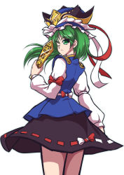 Rule 34 | 1girl, asymmetrical hair, black skirt, blue vest, bow, cowboy shot, from behind, green eyes, green hair, hat, hat ribbon, long hair, long sleeves, looking at viewer, looking back, matching hair/eyes, mazume, outline, parted lips, ribbon, ribbon-trimmed skirt, ribbon trim, rod of remorse, shiki eiki, short hair, simple background, skirt, solo, thighs, touhou, vest, white background, wind