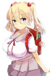 Rule 34 | 1girl, backpack, bad id, bad pixiv id, bag, blonde hair, blue eyes, breasts, flute, hair bobbles, hair ornament, instrument, charm (object), large breasts, long hair, magister, midriff, original, pleated skirt, randoseru, recorder, school uniform, simple background, sketch, skirt, smile, solo, twintails, white background