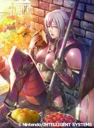 Rule 34 | 1girl, armor, boobplate, bread, breastplate, brick wall, couter, dried fish, eating, effie (fire emblem), fire emblem, fire emblem cipher, fire emblem fates, food, fruit, green eyes, hair between eyes, hair bun, holding, holding polearm, holding weapon, looking at viewer, meat, momose hisashi, nintendo, official art, open mouth, pink armor, polearm, single hair bun, weapon