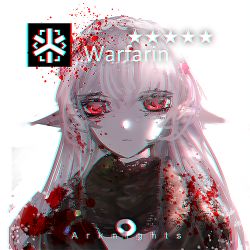 Rule 34 | 1girl, arknights, bad id, bad pixiv id, blood, character name, copyright name, looking at viewer, lowres, moenoki, pale skin, pointy ears, red eyes, simple background, solo, vampire, warfarin (arknights), white background, white hair