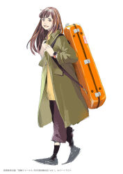 Rule 34 | 1girl, black eyes, black socks, bright pupils, brown hair, brown pants, coat, full body, green coat, grey footwear, guitar case, halftone, holding strap, instrument case, instrument on back, long hair, looking at viewer, open mouth, original, pants, pomodorosa, shoes, simple background, socks, solo, sweater, translation request, watch, white background, white pupils, wristwatch, yellow sweater