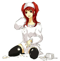 Rule 34 | 1girl, apron, arisaka ako, atlus, black thighhighs, earrings, head scarf, jewelry, kappougi, kujikawa rise, lowres, mixing bowl, open mouth, persona, persona 4, red hair, simple background, solo, spill, sweatdrop, tenugui, thighhighs, twintails, white background